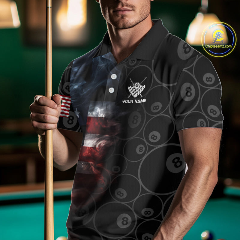 Smoke American Flag Billiard Polo & Quarter Zip For Men Custom Patriotic 8 Ball Pool Team Jersey TDM4832