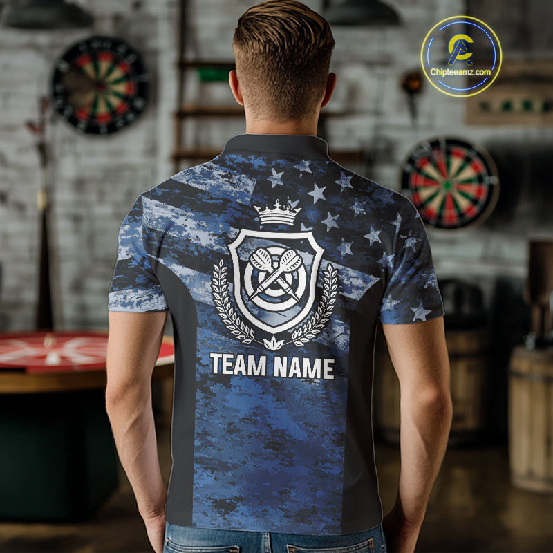 Blue Camo US Flag Dart Shirts With Pocket Option For Men Custom Darts Jersey TDM5275