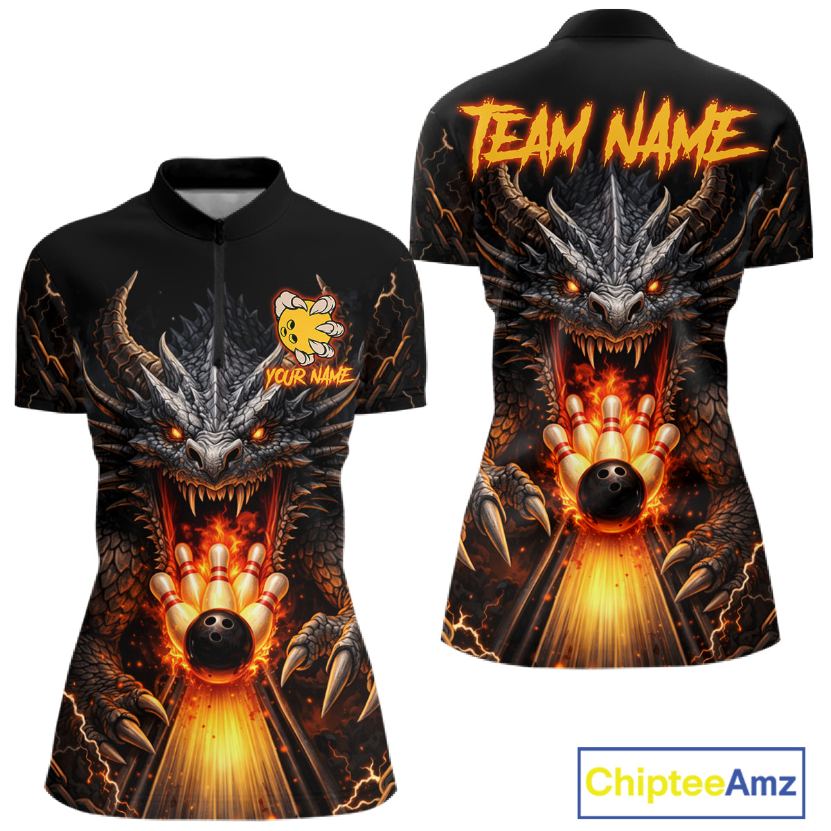 Personalized Dragon Bowling Jersey For Women Custom Fire Bowling League Team Shirt Polo & 1/4 Zip TDM6386