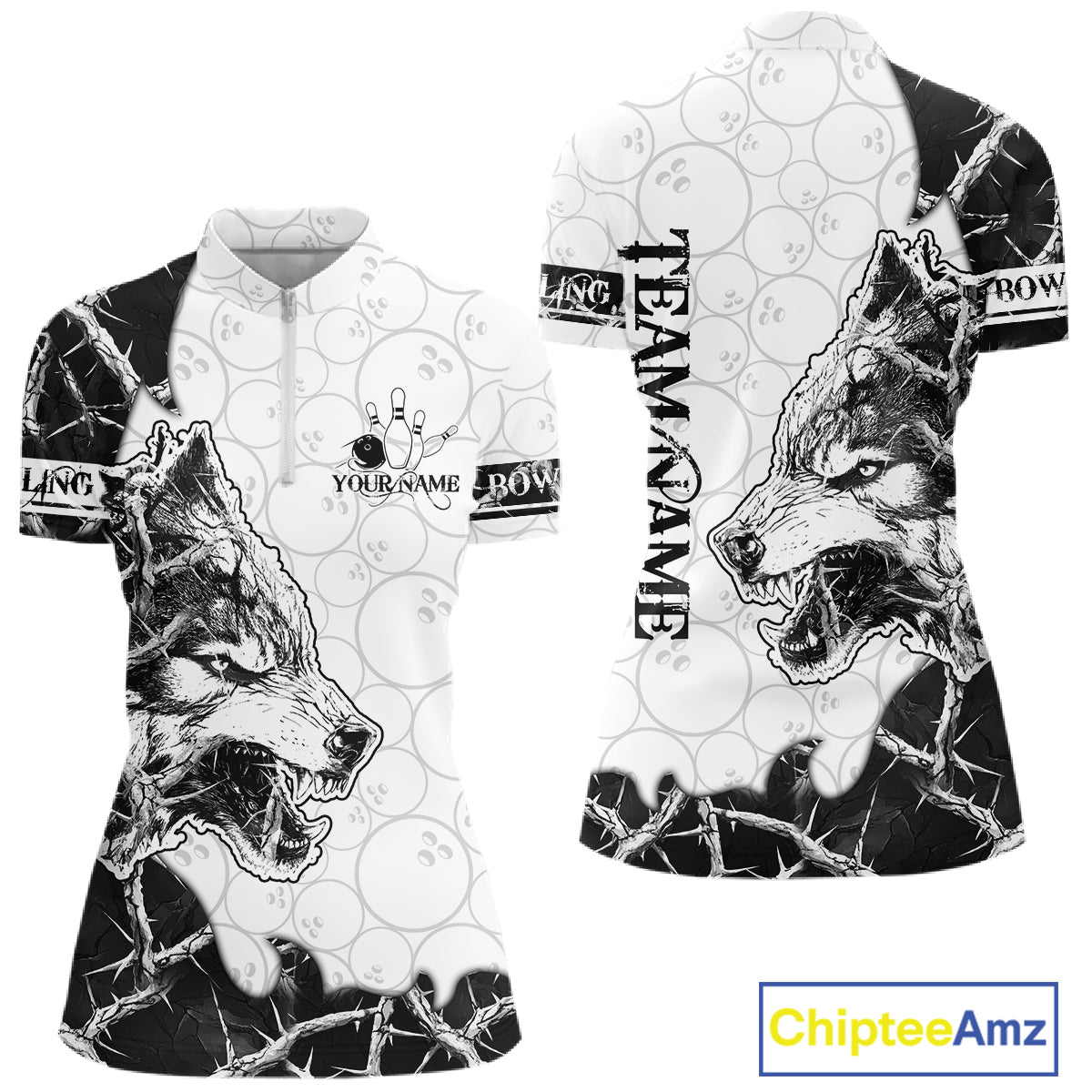White Black Thorny Camo Wolf Bowling Shirt For Women Custom Bowling Team Jersey Polo & 1/4 Zip TDM6390