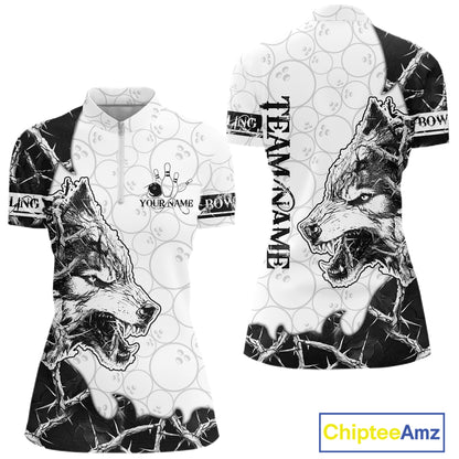 White Black Thorny Camo Wolf Bowling Shirt For Women Custom Bowling Team Jersey Polo & 1/4 Zip TDM6390
