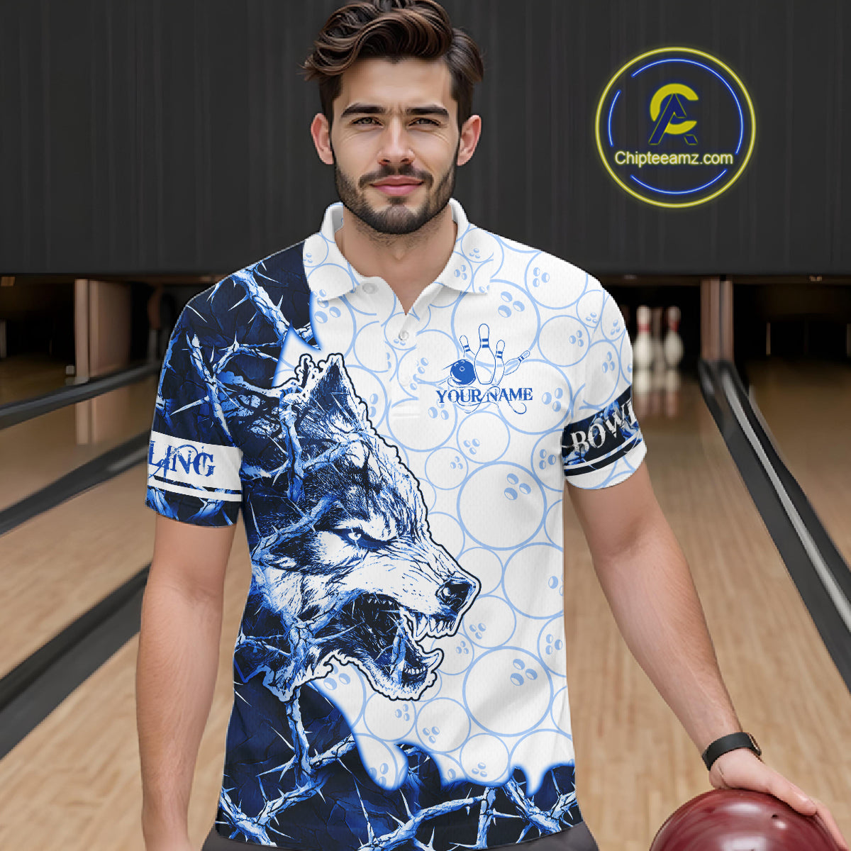 Personalized Blue Thorny Camo Wolf Bowling Shirt For Men Custom Bowling Team Jersey Polo & 1/4 Zip TDM6391