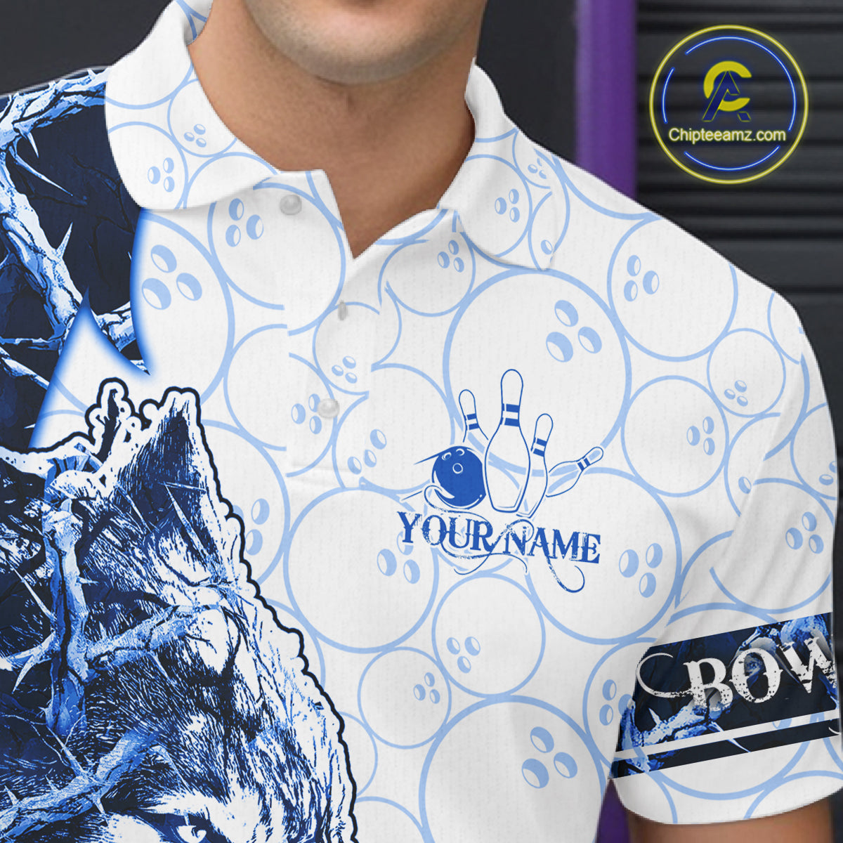 Personalized Blue Thorny Camo Wolf Bowling Shirt For Men Custom Bowling Team Jersey Polo & 1/4 Zip TDM6391
