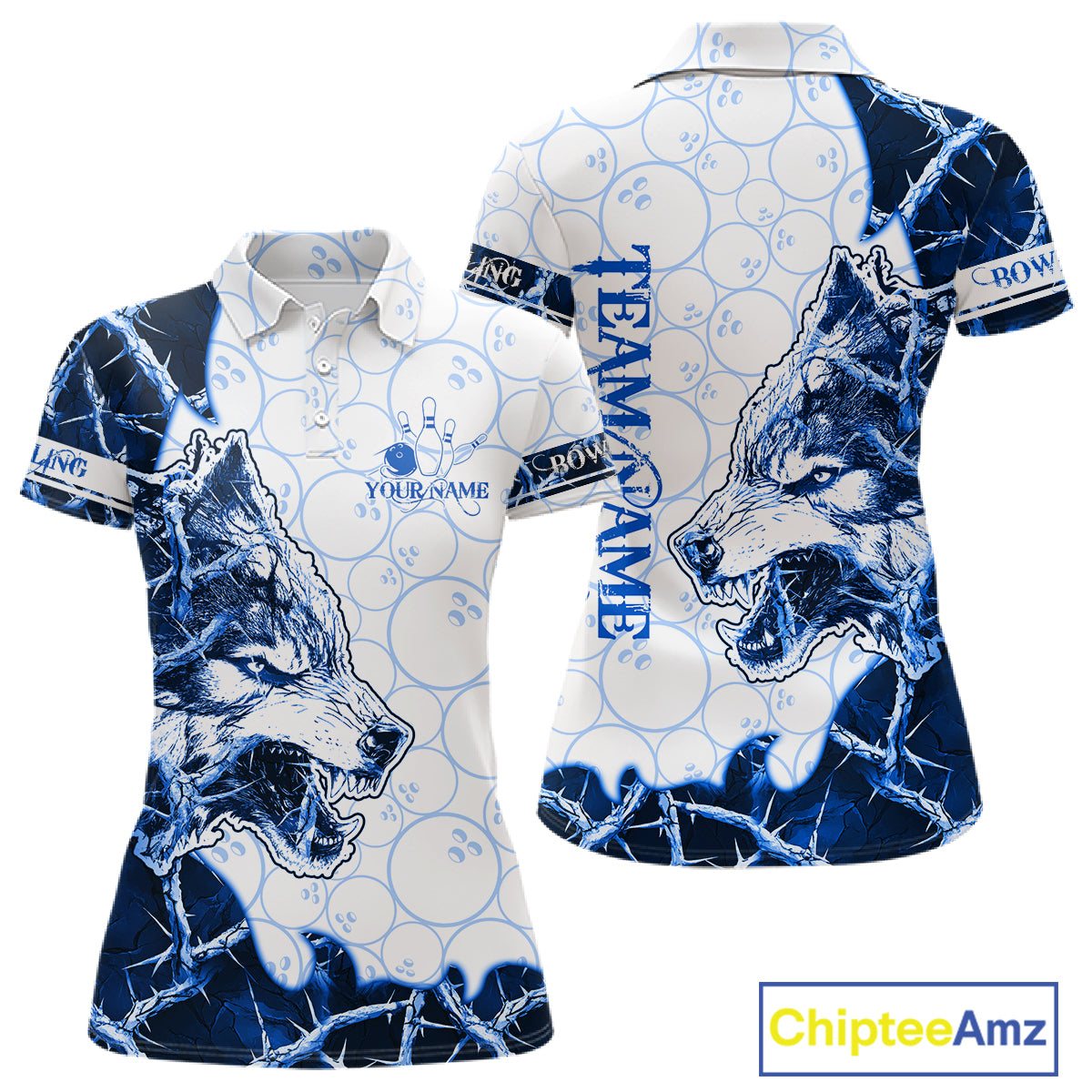 Personalized Blue Thorny Camo Wolf Bowling Shirt For Women Custom Bowling Team Jersey Polo & 1/4 Zip TDM6391