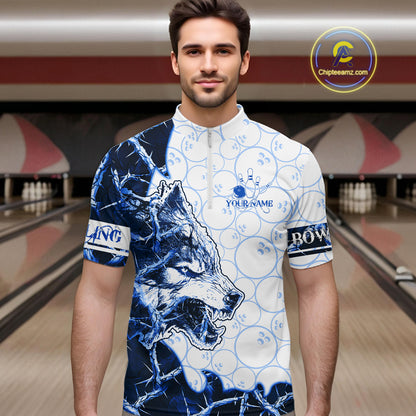 Personalized Blue Thorny Camo Wolf Bowling Shirt For Men Custom Bowling Team Jersey Polo & 1/4 Zip TDM6391