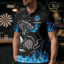 Load image into Gallery viewer, Personalized Blue Flaming Dragon Dart Shirts For Men Custom Darts Team Jerseys Polo &amp; Quarter Zip TDM4060