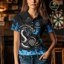 Load image into Gallery viewer, Personalized Blue Flaming Dragon Dart Shirts For Women Custom Darts Team Jerseys Polo &amp; Quarter Zip TDM4060
