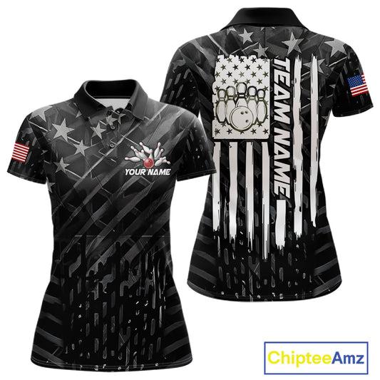 Black American flag bowling team jersey polo shirt for women featuring patriotic USA flag artwork, premium custom bowling league apparel for tournaments and team play.