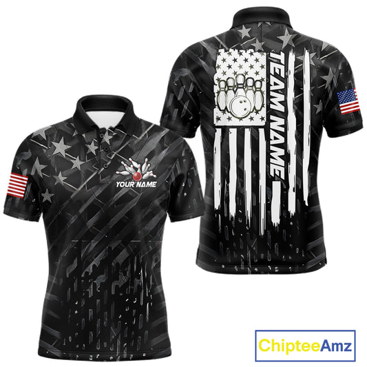 Black American flag bowling team jersey polo shirt for men featuring patriotic USA flag artwork, premium custom bowling league apparel for tournaments and team play.
