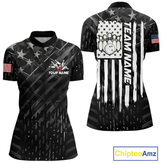 Black American flag bowling team jersey quarter zip shirt for women featuring bold patriotic American flag graphics, premium custom bowling apparel.