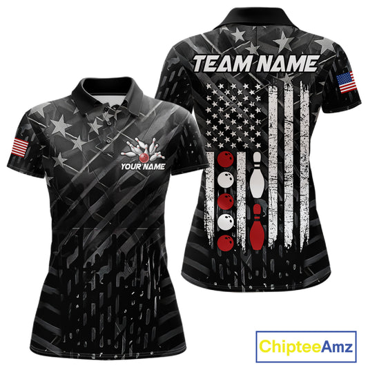 Black American flag patriotic bowling team jersey polo shirt for women featuring a distressed American flag design, premium custom bowling league apparel for tournaments and team play.