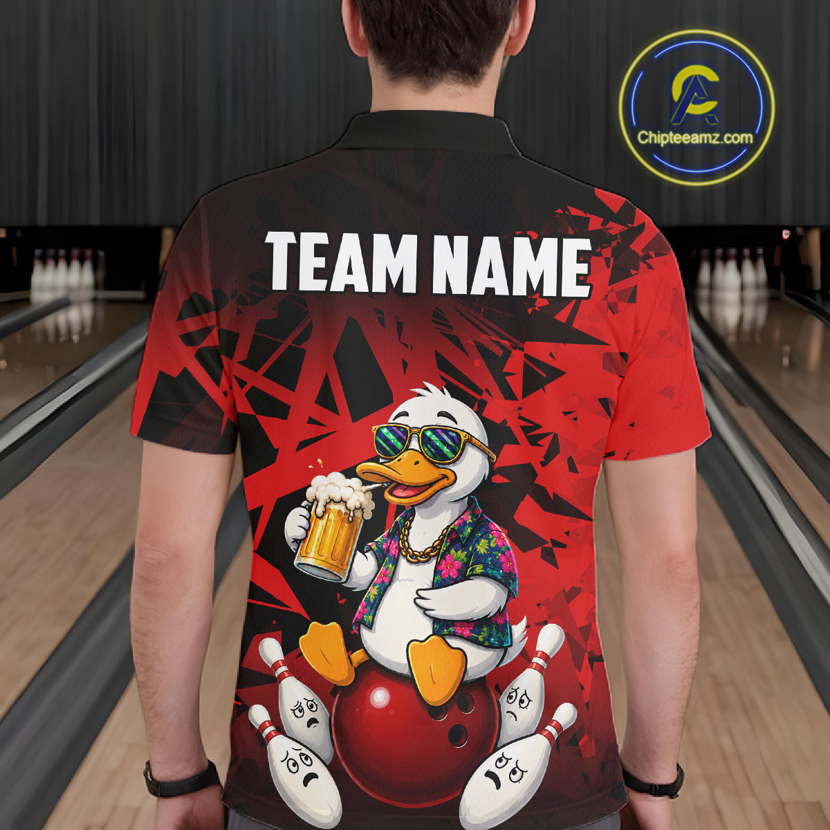 Man wearing personalized red funny duck beer bowling team jersey polo shirt featuring funny duck beer artwork, back view.