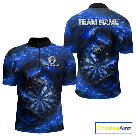 Personalized Fire Flame Blue Snake Darts Shirt For For Men Custom Darts Team Jersey Polo, 1/4 Zip TDM4849