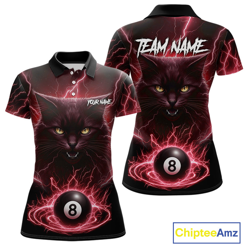 Red 8 Ball Thunder Lightning Cat Billiard Shirt For Women Custom Pool Team Jersey Polo & 1/4 Zip TDM5067