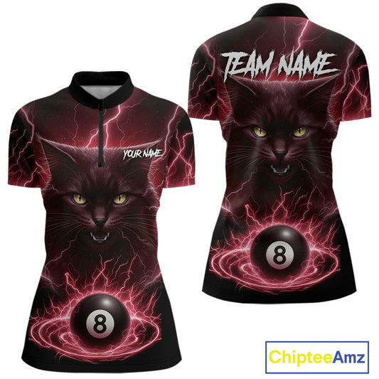 Red 8 Ball Thunder Lightning Cat Billiard Shirt For Women Custom Pool Team Jersey Polo & 1/4 Zip TDM5067