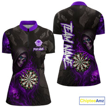 Load image into Gallery viewer, Purple Grim Reaper Flame Darts Shirt For Women Custom Skull Darts Jersey Team Polo &amp; Quarter Zip TDM5530