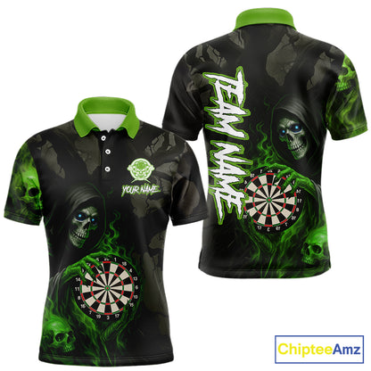 Green Grim Reaper Flame Darts Shirt For Men Custom Skull Darts Jersey Team Polo & Quarter Zip TDM5531