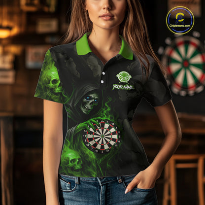 Green Grim Reaper Flame Darts Shirt For Women Custom Skull Darts Jersey Team Polo & Quarter Zip TDM5531