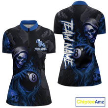Load image into Gallery viewer, Grim Reaper Custom Flame 8 Ball Pool Billiard Shirt For Women, Black And Blue Billiard Team Jersey TDM5533