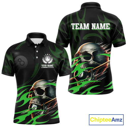 Green Funny Skull 8 Ball Pool Shirt For Men Custom Billiard Team Jersey Polo & 1/4 Zip TDM4425