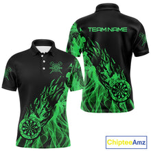 Load image into Gallery viewer, Black And Green Flame Fire Darts Polo &amp; Quarter Zip Custom Dart Shirt For Men Dart Jerseys TDM4857