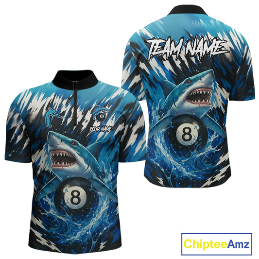 Blue Shark 8 Ball Billiard Shirt For Men Custom Billiard Jersey, Pool Team Shirt Polo & 1/4 Zip TDM5290
