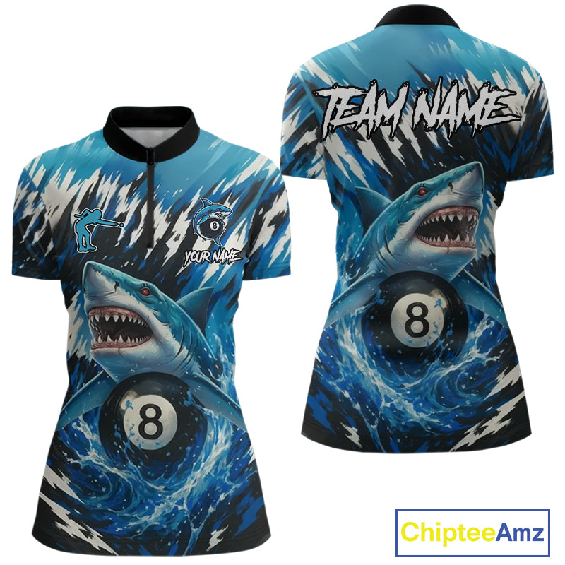 Blue Shark 8 Ball Billiard Shirt For Women Custom Billiard Jersey, Pool Team Shirt Polo & 1/4 Zip TDM5290