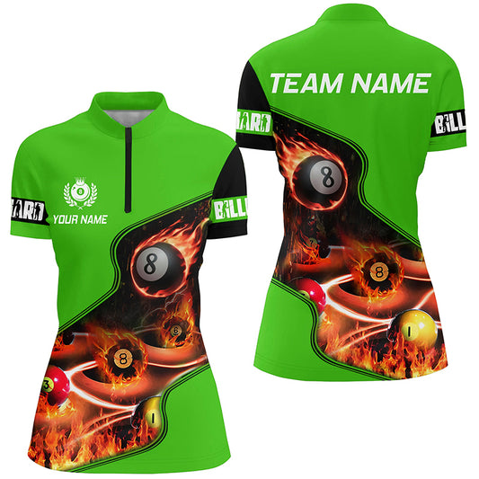 Personalized Master Billiard Balls Flame 3D Women Quarter-Zip Shirts, Green Billiard Jerseys TDM0979