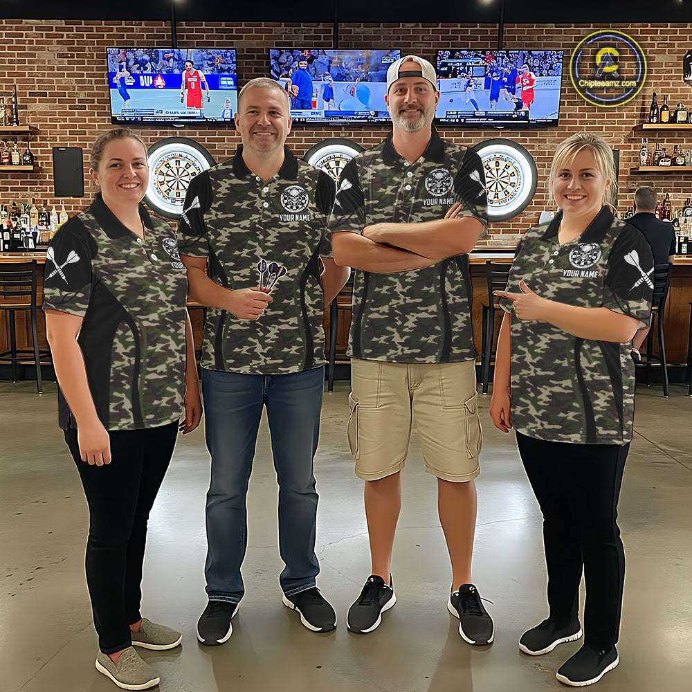 Personalized Green Camo Skull Darts Shirt For Men Custom Darts League Jersey Team Polo & 1/4 Zip TDM6402