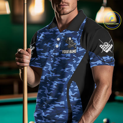 Personalized Blue Camo Skull Billiard Shirt For Men, 8 Ball Billiard Team Jersey Polo & 1/4 Zip TDM6399