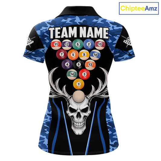 Personalized Blue Camo Skull Billiard Shirt For Women, 8 Ball Billiard Team Jersey Polo & 1/4 Zip TDM6399