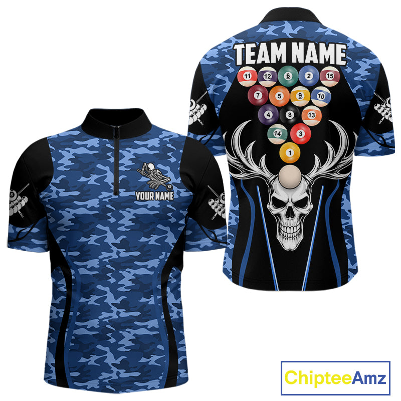 Personalized Blue Camo Skull Billiard Shirt For Men, 8 Ball Billiard Team Jersey Polo & 1/4 Zip TDM6399