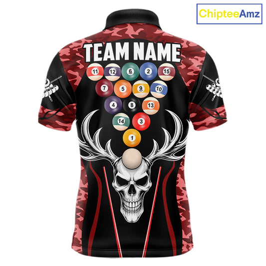 Personalized Red Camo Skull Billiard Shirt For Men, 8 Ball Billiard Team Jersey Polo & 1/4 Zip TDM6400