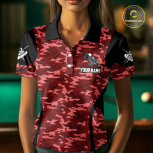 Load image into Gallery viewer, Personalized Red Camo Skull Billiard Shirt For Women, 8 Ball Billiard Team Jersey Polo &amp; 1/4 Zip TDM6400