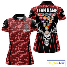 Load image into Gallery viewer, Personalized Red Camo Skull Billiard Shirt For Women, 8 Ball Billiard Team Jersey Polo &amp; 1/4 Zip TDM6400