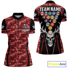 Load image into Gallery viewer, Personalized Red Camo Skull Billiard Shirt For Women, 8 Ball Billiard Team Jersey Polo &amp; 1/4 Zip TDM6400