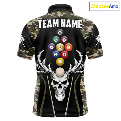 Personalized Green Camo Skull Billiard Shirt For Men, 9 Ball Billiard Team Jersey Polo & 1/4 Zip TDM6401