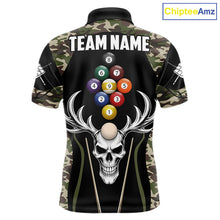 Load image into Gallery viewer, Personalized Green Camo Skull Billiard Shirt For Men, 9 Ball Billiard Team Jersey Polo &amp; 1/4 Zip TDM6401