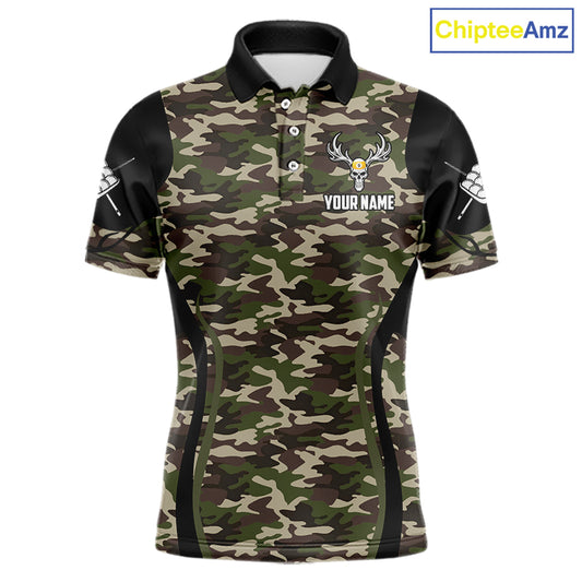 Personalized Green Camo Skull Billiard Shirt For Men, 9 Ball Billiard Team Jersey Polo & 1/4 Zip TDM6401