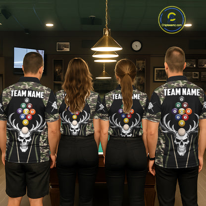 Personalized Green Camo Skull Billiard Shirt For Men, 9 Ball Billiard Team Jersey Polo & 1/4 Zip TDM6401