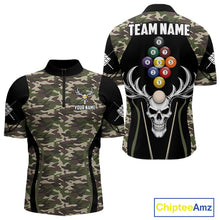 Load image into Gallery viewer, Personalized Green Camo Skull Billiard Shirt For Men, 9 Ball Billiard Team Jersey Polo &amp; 1/4 Zip TDM6401