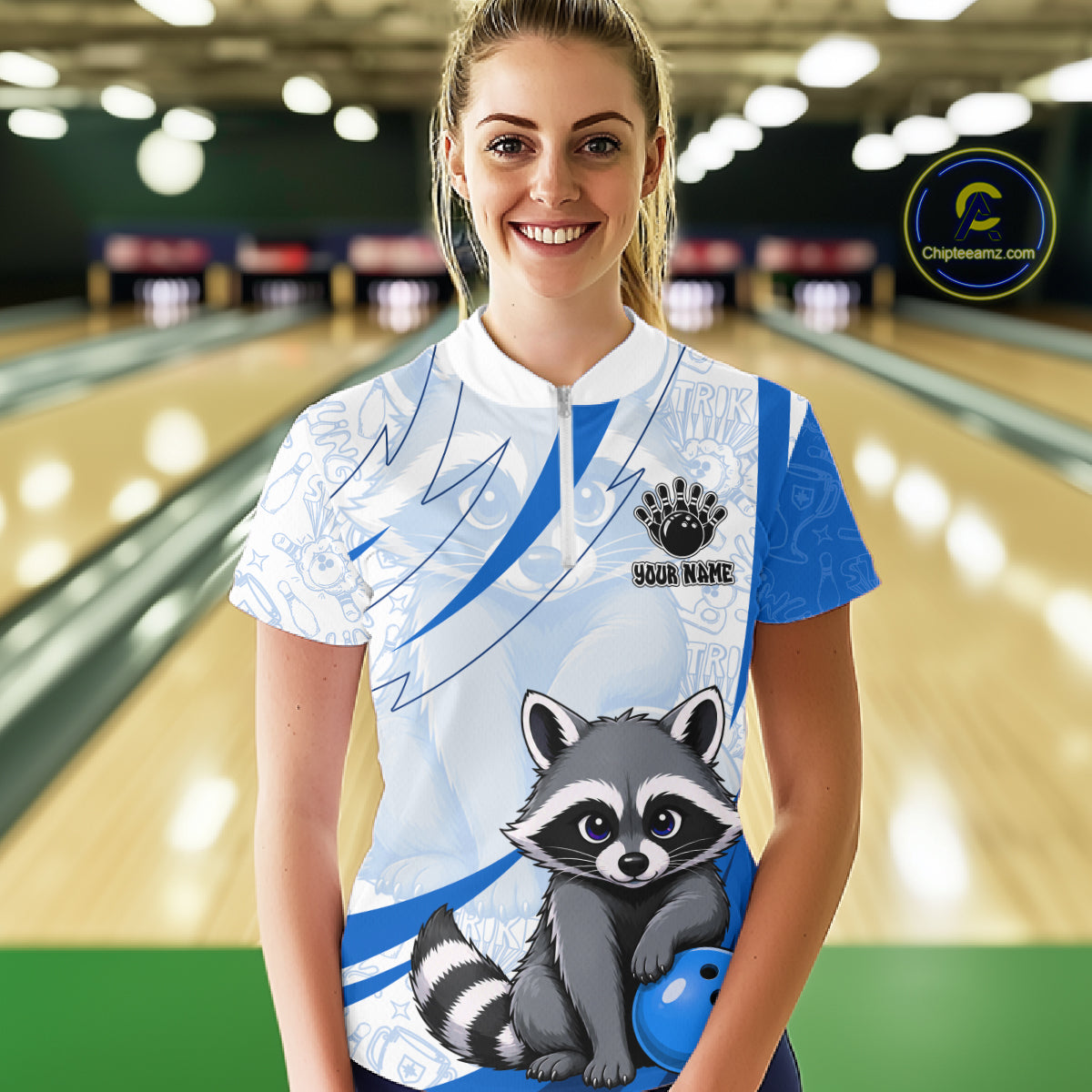 Custom Blue Funny Raccoon Bowling Jersey For Women Custom Bowling Shirts Team Polo & Quarter Zip TDM6593