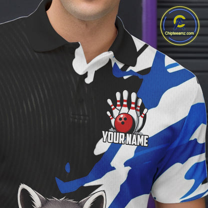 Person wearing a sports jersey with a bowling design and customizable text.