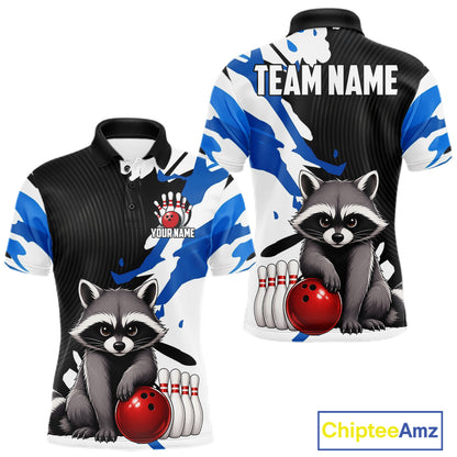 Bowling-themed shirt with raccoon design, customizable text.