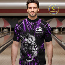 Load image into Gallery viewer, Man wearing a black and purple thunder lightning lion quarter zip bowling shirt front view, personalized bowling team apparel.