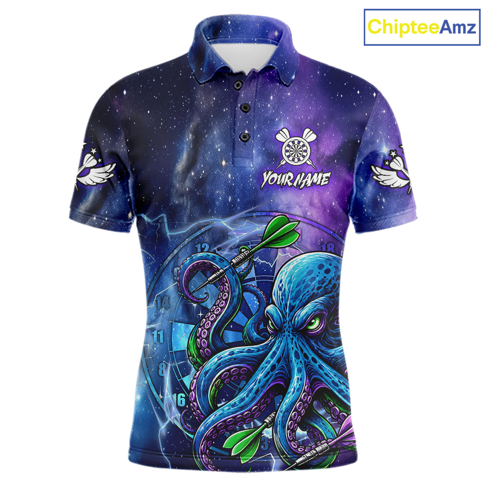 Funny Octopus Blue Purple Galaxy Darts Polo Shirt Featuring Vibrant Ocean Inspired Galaxy Artwork for Dart League Players, Team Competition, and Tournament Events