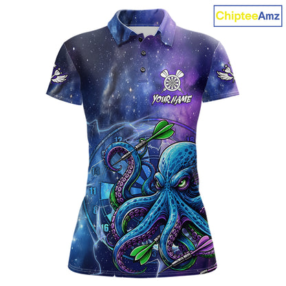 Funny Octopus Blue Purple Galaxy Darts Polo Shirt Featuring Vibrant Ocean Inspired Galaxy Artwork for Dart League Players, Team Competition, and Tournament Events