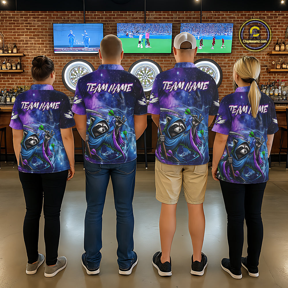 Dart Team Wearing Funny Raccoon Wizard Blue Purple Galaxy Custom Darts Team Jerseys Featuring the Complete Back Artwork, Back View