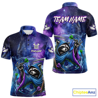 Custom Raccoon Wizard Blue Purple Galaxy Darts Polo Shirt Designed for Personalized Dart Team Jerseys with Glowing Graphics and Premium Athletic Performance