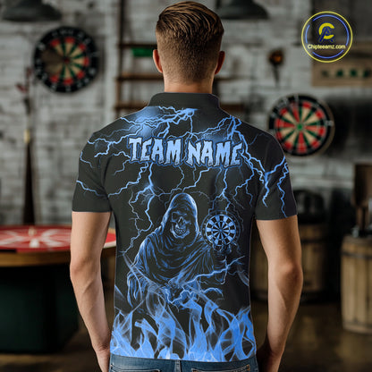 Man Wearing Turquoise Grim Reaper Fire Flame Custom Darts Team Jersey Featuring the Complete Rear Graphic Design, Back View
